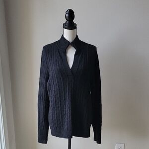 Lands End Cashmere Black Cable Knit Sweater Collard Long‎ Sleeves Women's Sz XL